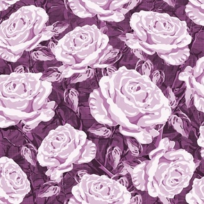 Dark Floral Roses, Botanic Rose Garden Flower Pattern, Cream and White Opulent Climbing Roses, Big Purple, Lilac, Pink Monochrome  Floral Blooms with Leafy Foliage on Linen Texture