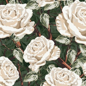 Moody and Dark Flowers, Botanic Rose Garden Pattern, Cream and White Opulent Climbing Roses, Big Floral Blooms with Leafy Green Foliage on Dark Bottle Green Linen Texture