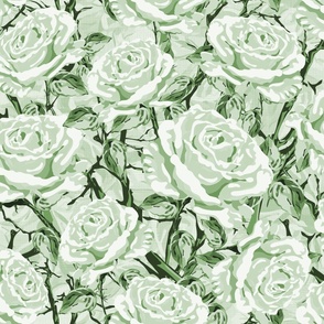 Green Botanic Garden Rose Flower Pattern, Opulent Climbing Roses, Large Monochrome Floral Blooms with Leafy Foliage on Linen Texture
