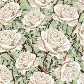 Botanic Rose Garden Flowers Pattern, Cream and White Opulent Climbing Roses, Big Flower Blooms with Leafy Green Foliage on Light Mint Green Linen Texture