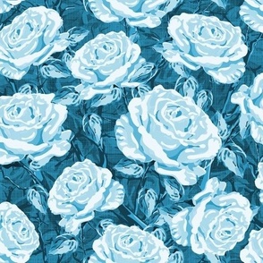 Shades of Blue Botanic Garden Rose Flower Pattern, Opulent Climbing Roses, Monochrome Floral Blooms with Leafy Foliage on Linen Texture