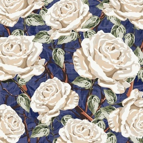 Dark and Moody Flowers, Cream and White Botanic Rose Garden Pattern, Opulent Climbing Flower Blooms with Leafy Green Foliage on Royal Blue Linen Texture