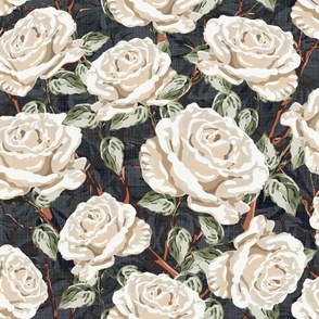Dark and Moody Floral Blooms, Cream and White Botanic Rose Garden Pattern, Opulent Climbing Flowers with Leafy Green Foliage on Midnight Grey Gray Linen Texture
