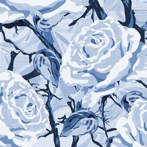Baby Blue Botanic Garden Rose Flower Pattern, Lux Climbing Roses, Tranquil Monochrome Floral Blooms with Leafy Foliage on Linen Texture
