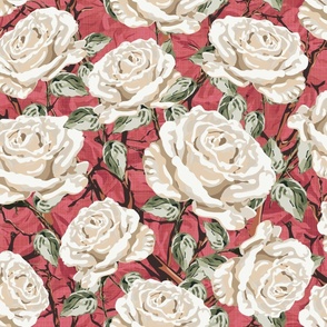 Organic Floral Rose Blooms, Cream and White Botanical Garden Pattern, Opulent Climbing Rose Flowers with Leafy Green Foliage on Muted Pink Linen Texture