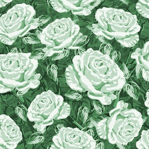 Dark Green Botanic Garden Rose Flower Pattern, Lux Climbing Roses, Tranquil Monochrome Floral Blooms with Leafy Foliage on Linen Texture