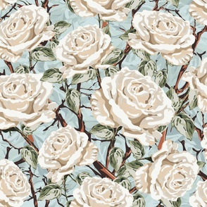 Maximalist Floral Blooms, Cream and White Botanical Garden Rose Blooms, Timeless Climbing Rose Flowers with Leafy Green Foliage on Sea Blue Linen Texture