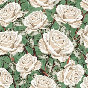 Maximalist Cottage Garden Florals Cream and White Botanical Rose Blooms, Timeless Climbing Rose Flowers with Leafy Green Foliage on Emerald Green Linen Texture