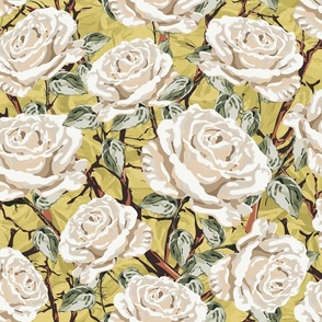 Summer Cottage Garden Florals Cream and White Botanical Rose Blooms, Timeless Climbing Rose Flowers with Leafy Green Foliage on Lemon Yellow Linen Texture