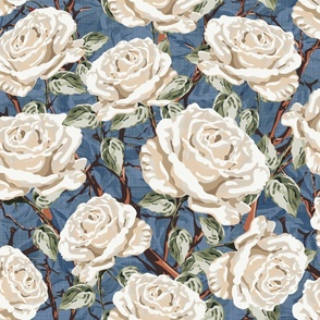 Country Cottage Garden Florals Cream and White Botanical Rose Blooms, Timeless Climbing Rose Flowers with Leafy Green Foliage on Blue Linen Texture