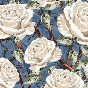 Blooming Florals Cream and White Botanical Rose Blooms, Timeless Climbing Rose Flowers with Leafy Green Foliage on Navy Blue Linen Texture