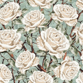Light Cream and White Rose Floral Blooms, Timeless Botanic Flower Climbing Rose with Leafy Green Foliage on Muted Teal Linen Texture,