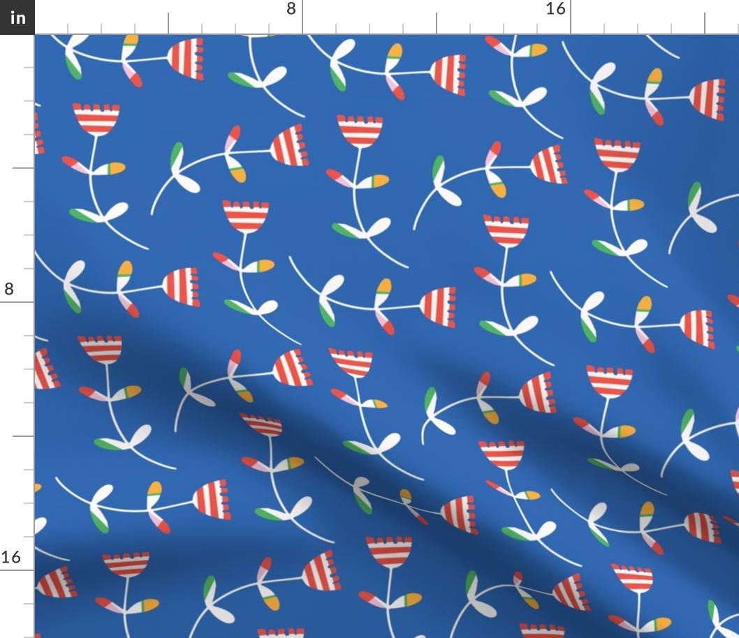 Small  - Modern Floral Tulip design, blue, red, white, playful kids fabrics, happy florals