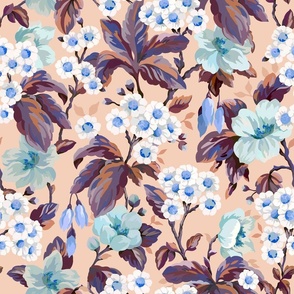 Vintage Daisy Garden Floral - Peach, Blue, Purple, Large Scale