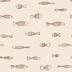 SMALL - Simple fish drawings arranged in a horizontal procession - chestnut brown on neutral beige