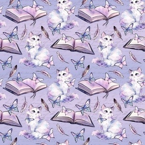 Princess Academia, pastel books, white cat, typography, flowers, butterfiles, purple & white