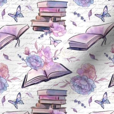 Princess Pastel Academia, pastel books, typography, flowers, butterfiles, purple & white