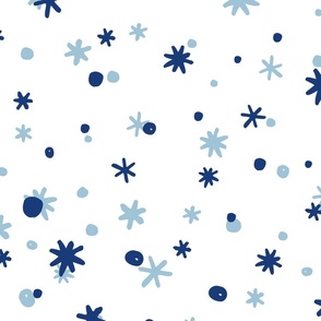 White and Blue Sketched Starry Snowflakes Pattern