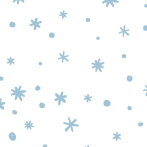 White and Snow Blue Sketched Starry Snowflakes Pattern