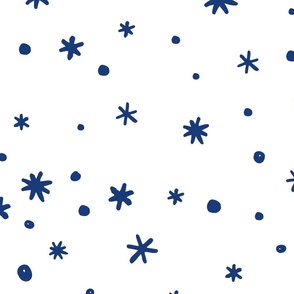 White and Winter Blue Sketched Starry Snowflakes Pattern