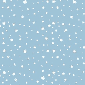 Snow Blue White Sketched Starry Snowflakes Pattern
