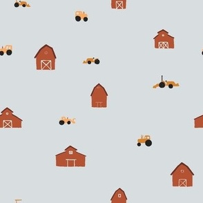 Tiny Red Barns and Tractors in Light Blue
