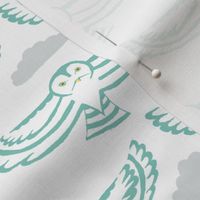 owl flight in teal with clouds