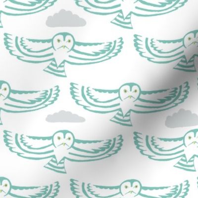 owl flight in teal with clouds