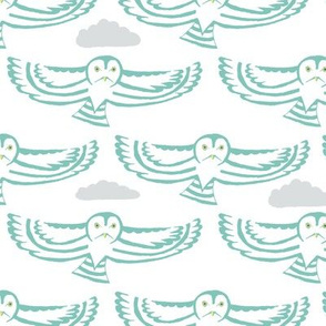 owl flight in teal with clouds