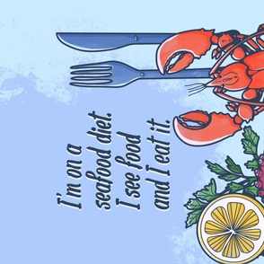 witty wordplay seafood diet lobster kitchen tea towel  blue red yellow green
