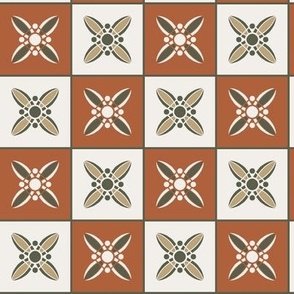 Checkerboard with Stylized Flowers, White and Orange Brown Squares