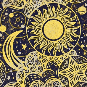 Starry night sky with sun, planets and clouds - Large scale