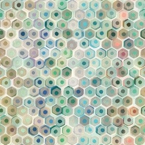 multicolor honeycomb spotted hexagons / small scale colorway4 /aqua green blue taupe