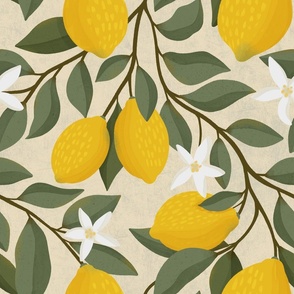Lemon branches in bloom: fresh citrus pattern on beige, L