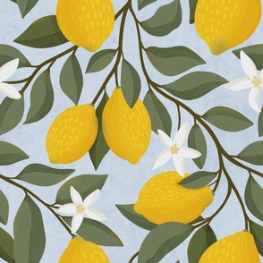 Lemon branches in bloom: fresh citrus pattern on light blue, L