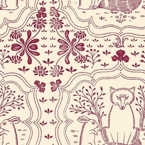 FOX AND HARE LARGE - LIBRARY TOILE COLLECTION (MERLOT)