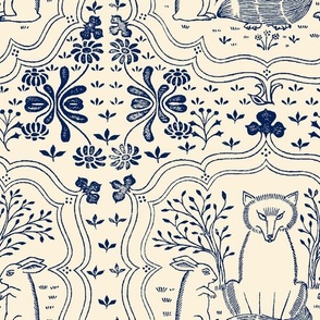 FOX AND HARE LARGE - LIBRARY TOILE COLLECTION (NAVY)