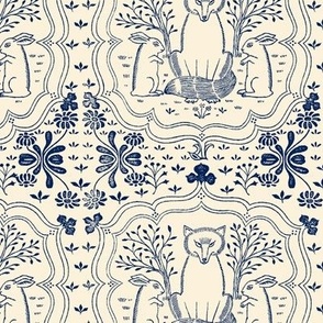 FOX AND HARE SMALL - LIBRARY TOILE COLLECTION (NAVY)