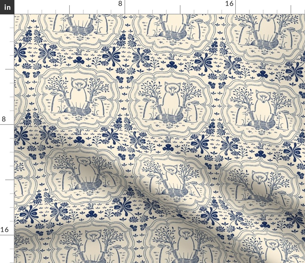 FOX AND HARE SMALL - LIBRARY TOILE COLLECTION (NAVY)