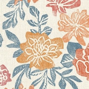 English Garden. Orange and blue upholstery fabric. Modern Chintz wallpaper.