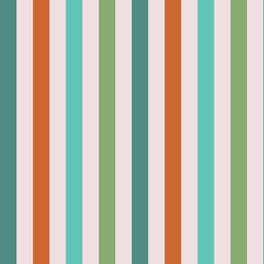 Retro stripes in aqua green, turquoise, green and burnt orange and off white cream / large  scale -1
