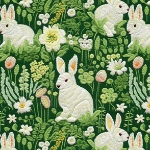 Embroidered White Bunnies with Flowers on Spring Green Grass