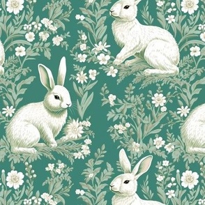 Spring Rabbits on Teal Background_White Bunnies_Teal