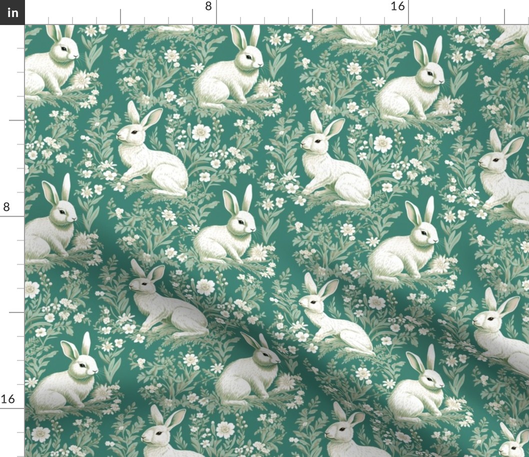 Spring Rabbits on Teal Background_White Bunnies_Teal