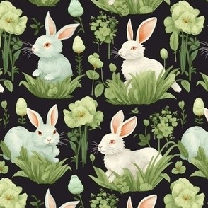 White Bunnies, Pink Noses in Lush Grass on Dark Gray