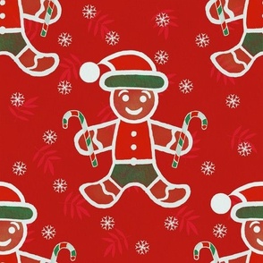 gingerman and candy canes on a red background