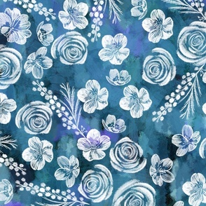 White Primroses, Roses and Mimosa on Textured Teal, Navy and Petrol Blue Background