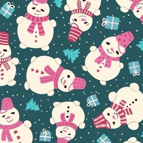 Cute snowman with pink buckets and scarfs and Christmas presents, dark green
