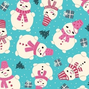 Cute snowman with pink buckets and scarfs and Christmas presents, teal