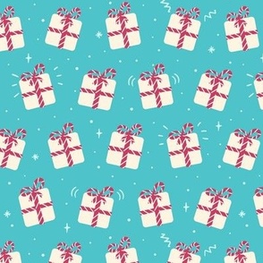 Cute white christmas presents on teal, gift boxes with striped ribbon
